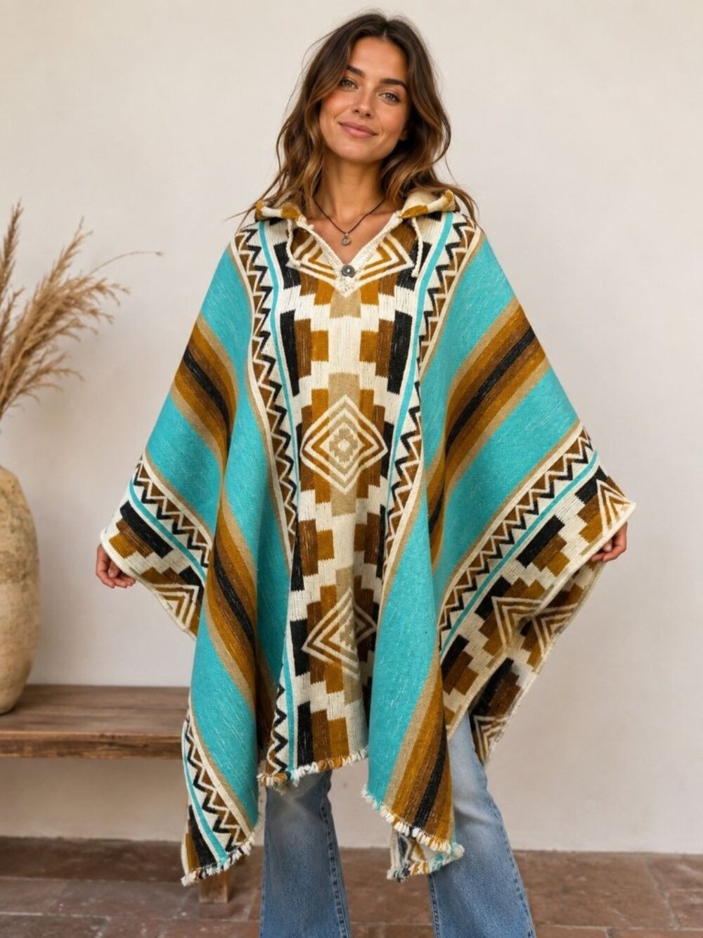 Southwestern Wool Baja Hooded Poncho Turquoise Brown Aztec Geometric Fringe Boho